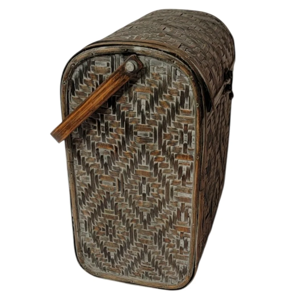 Vintage Geometric Wicker Wood Treasure Chest Basket Purse Bag Hinged Lid Latch